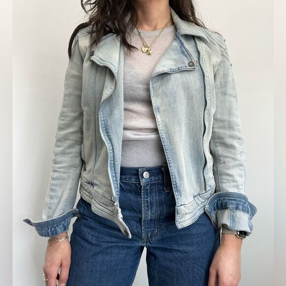 Y2K Light Wash Denim Biker Jacket Tommy Hilfiger Zip Front Silver Hardware S - Picture 2 of 15